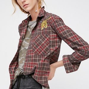 Free People Tiger Plaid Corduroy Button Down